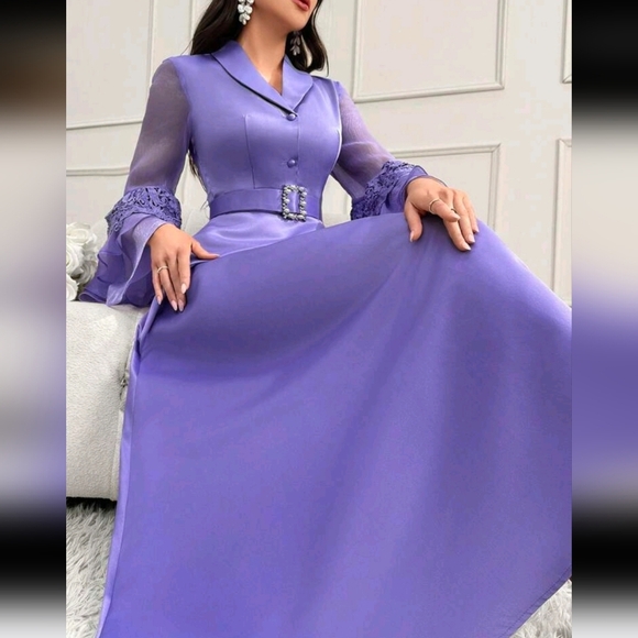 Shawl Collar Contrast Mesh With Belt Long Flounce Sleeve Arabian Modest Dress - Picture 5 of 5